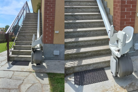 Vista di montascale outdoor all'aperto con sedia chiusa ripiegata per un minimo ingombro