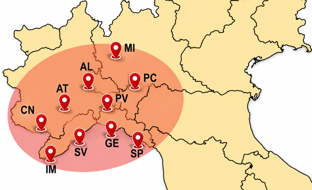Nuova mappa con le sedi montascale 2c: cuneo, imperia, savona, genova, la spezia, asti, alessandria, pavia, piacenza, milano